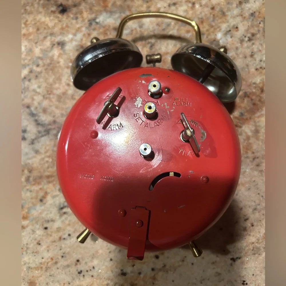 Vintage ‘60’s Mickey Mouse & Pluto Bell Alarm Clock Red with Gold trim. Works!